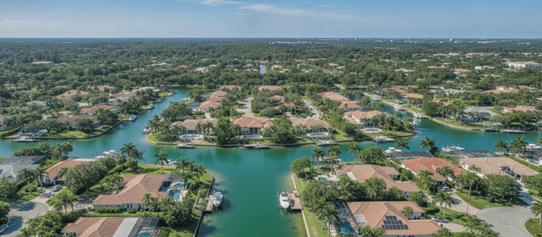 Aerial view of Florida canal neighborhood with waterfront homes, Bradenton Anna Maria Island