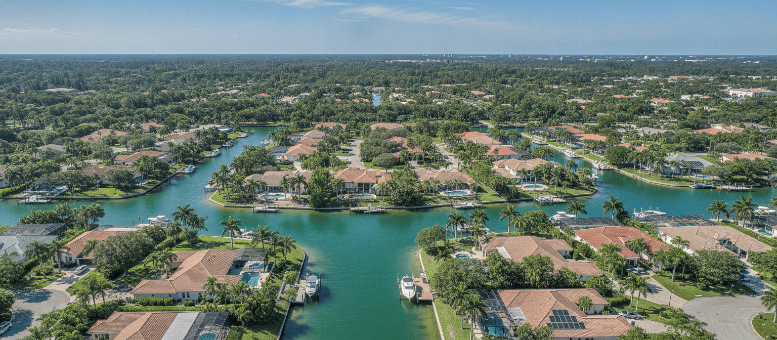 Aerial view of Florida canal neighborhood with waterfront homes, Bradenton Anna Maria Island