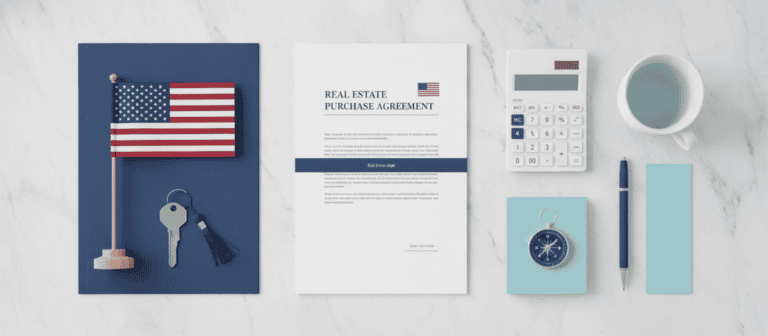US real estate legal documents with house key and American flag, Florida property law