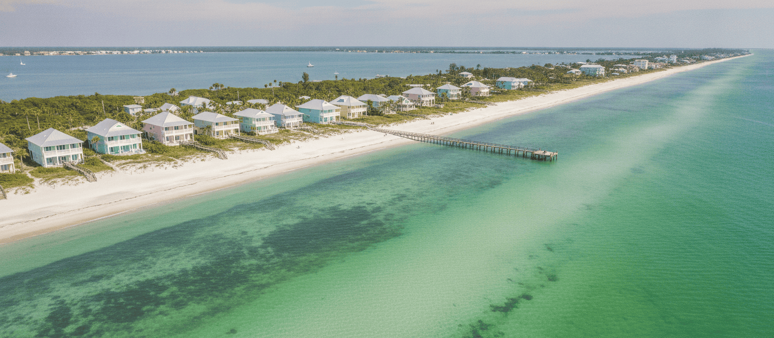 Anna Maria Island Florida aerial coastline with pastel beach cottages and turquoise Gulf water