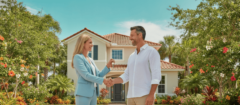 Real estate agent handing keys to new homeowner outside Florida Gulf Coast home