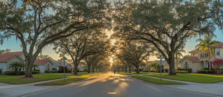 West Bradenton Florida residential neighborhood with mature oak trees, quiet suburb