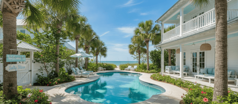 Florida vacation rental cottage with pool and welcome sign, Anna Maria Island Gulf Coast