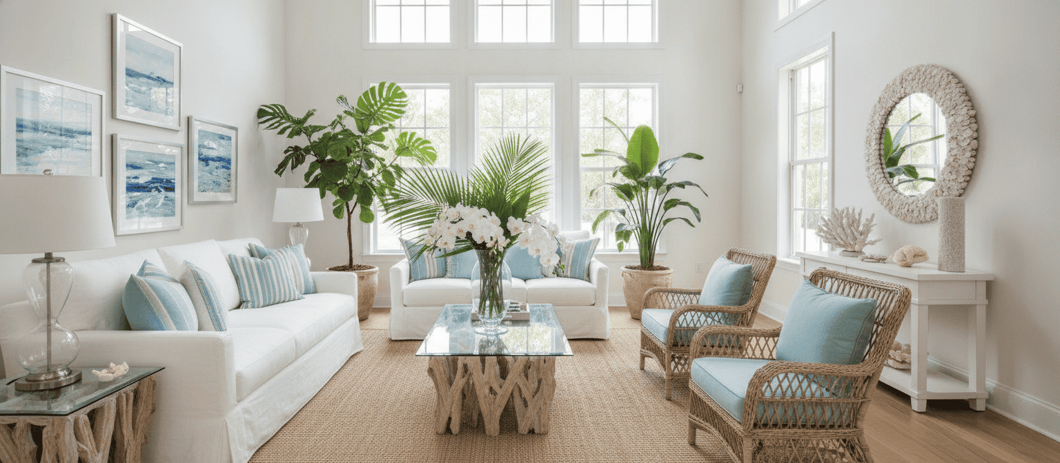 Beautifully staged Florida living room with coastal decor, ready for sale