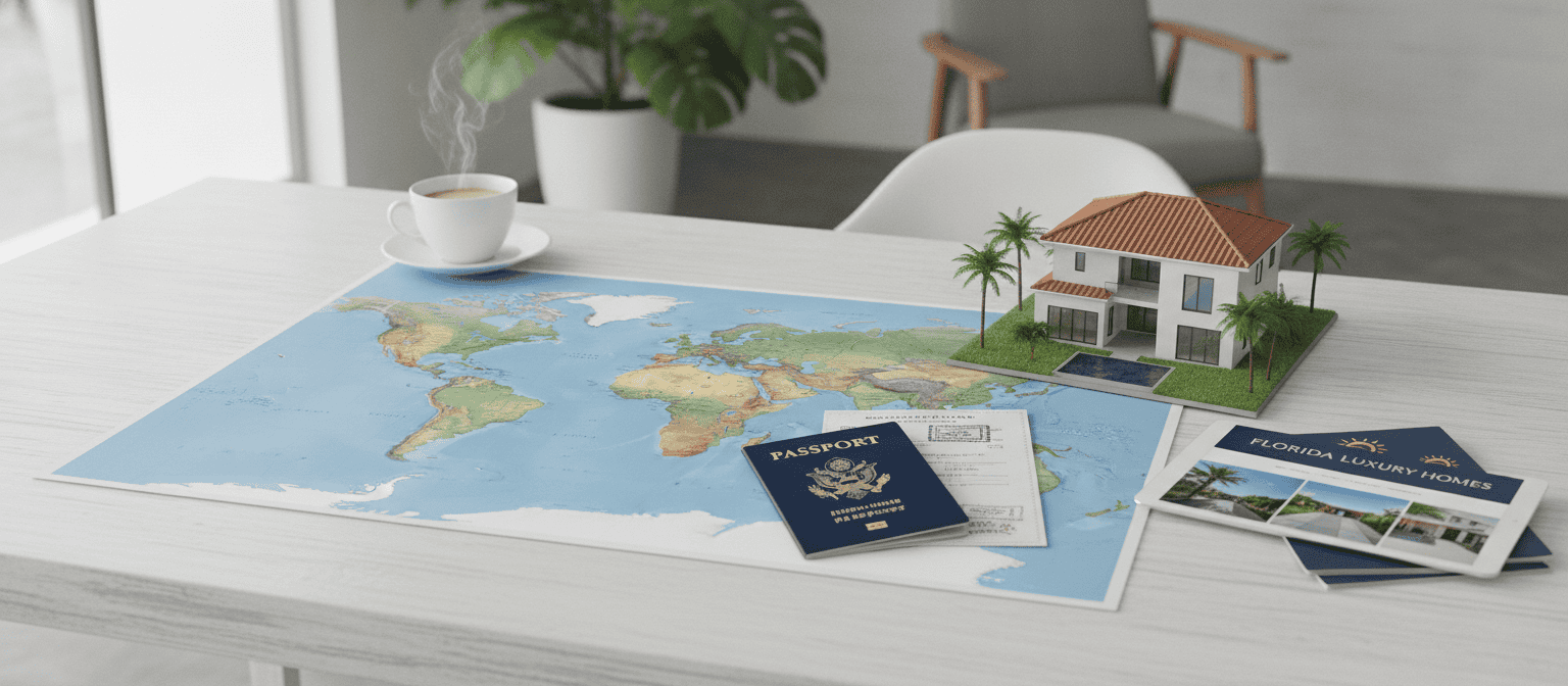 Foreign buyer Florida real estate concept, international investment with world map