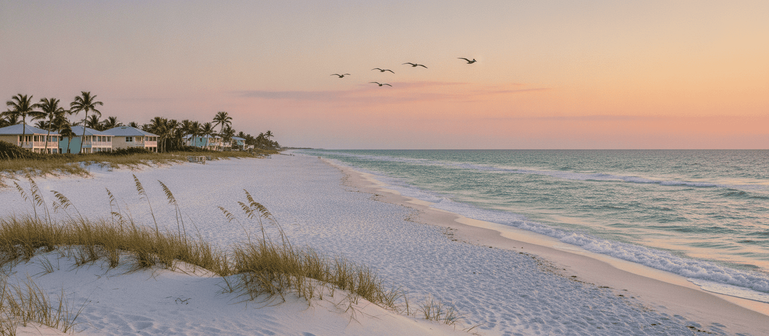 Wide white sand beach on Anna Maria Island, Florida at sunset with turquoise Gulf water and sea oats