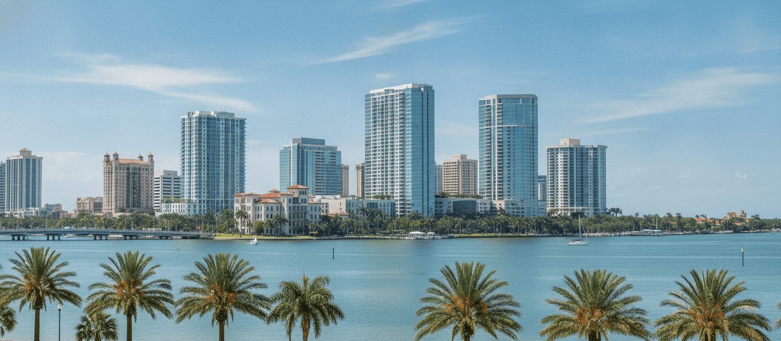 Sarasota Florida waterfront downtown skyline with palm trees and turquoise bay