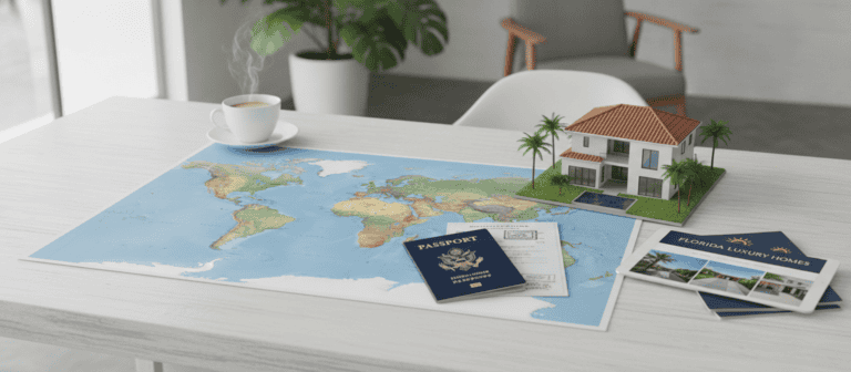 Foreign buyer Florida real estate concept, international investment with world map