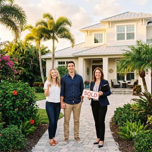 Bradenton homes for sale — a happy couple with their Sea to Sky Realty agent at a Gulf Coast home