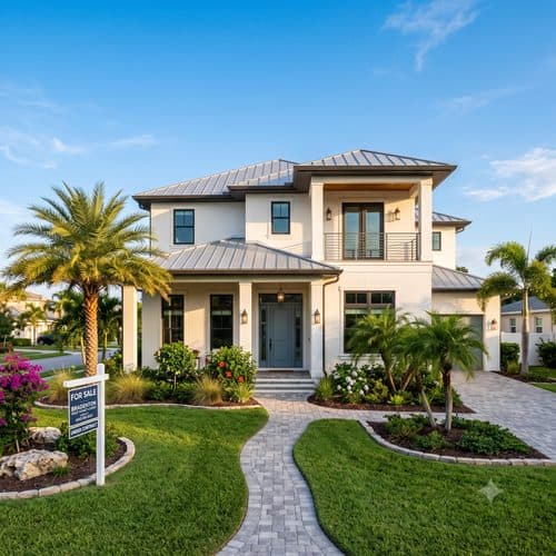 Gulf Coast luxury home for sale with Sea to Sky Realty sign, Bradenton Florida
