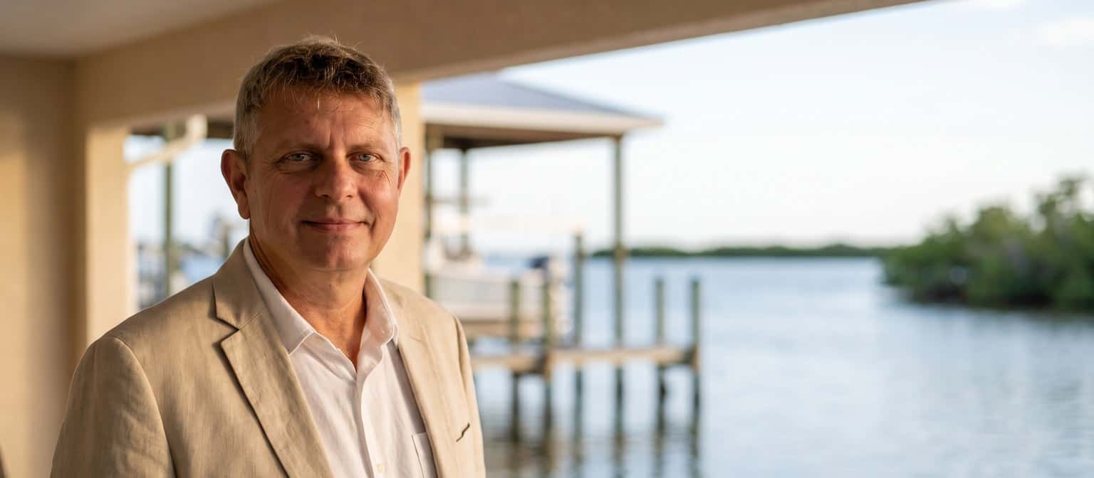 Axel Weiss, Broker at Sea to Sky Realty, on the lanai of a waterfront home in Bradenton, Florida