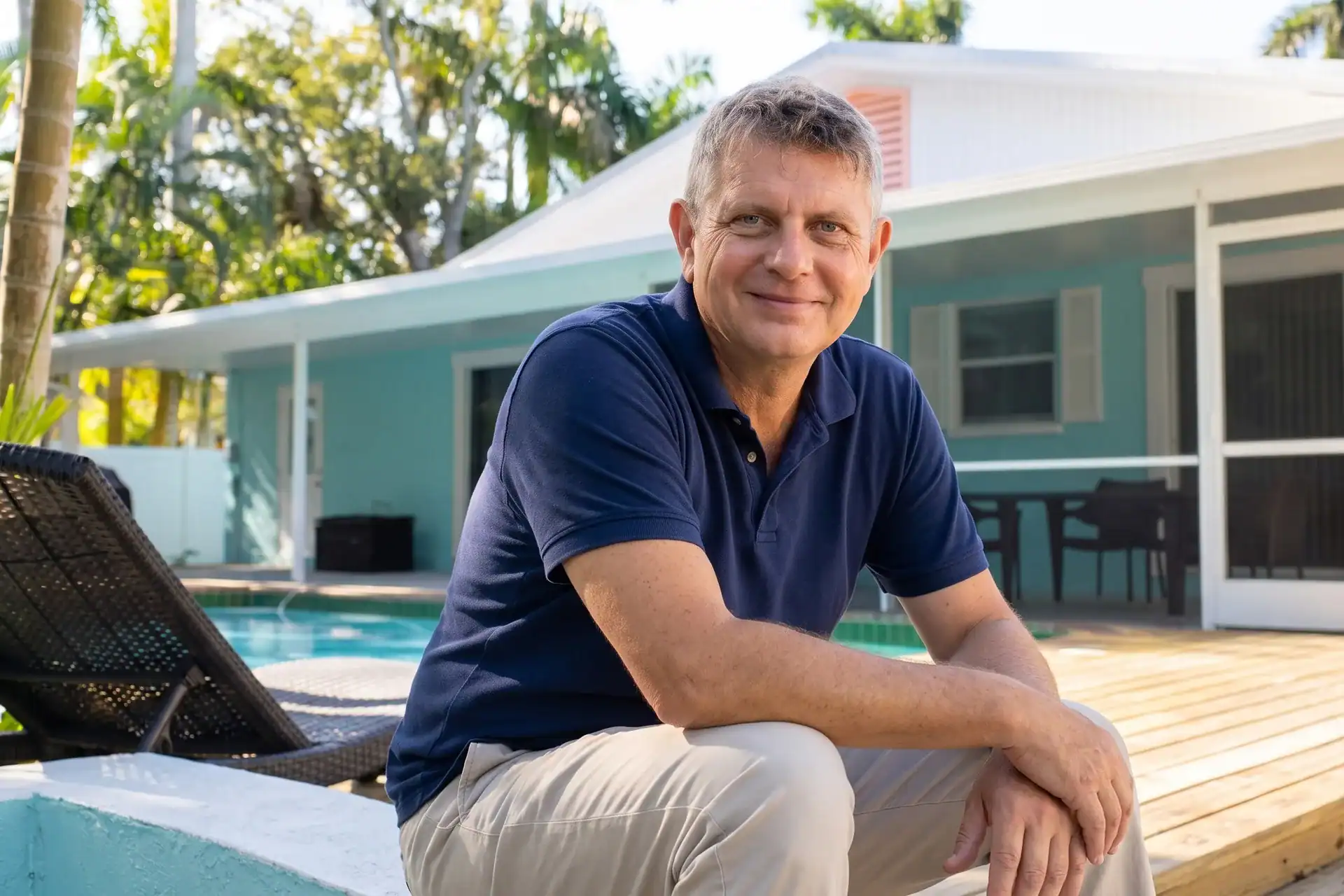 Axel Weiss, broker at Sea to Sky Realty, on the pool deck of a Gulf Coast vacation home